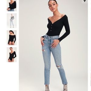 Black off the shoulder buttoned bodysuit